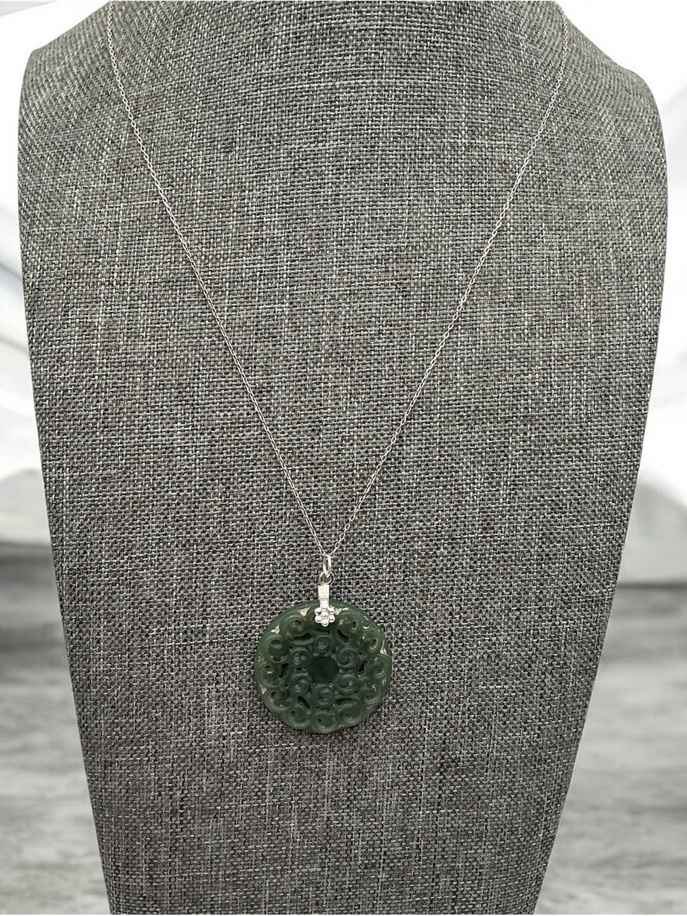 Green Jade Carved Pendant Necklace - Sterling 925 Jewelry
